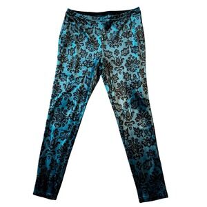 Chico's Zenergy Size 2 Large Velvet Damask Leggings Teal Blue Black Scroll Print